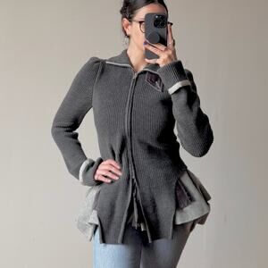 SACAI JAPAN Dark Gray Wool Zipper-Front Layered Grunge Sweater w Funnel Neck